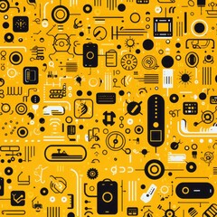 Mustard abstract technology background using tech devices and icons