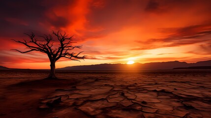 A lone desert tree silhouetted against a fiery sunset, standing resilient in the midst of the barren landscape