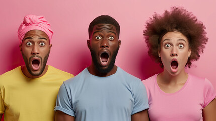 Group Reaction: A Stupefied Dark-Skinned Man and His Companions Pose Against a Pink Background, Expressing Shock and Horror as They Witness Something Unexpected. Human Reaction.