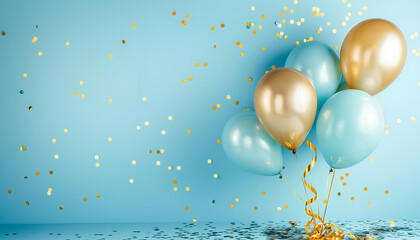 golden and blue metallic balloons, confetti and ribbons on pastel blue wall background