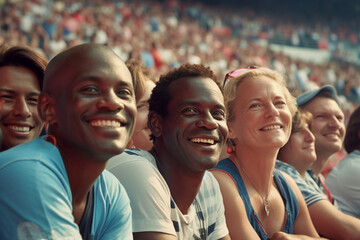 Sports spectators at the stadium, enthusiastic crowd, football match, cheering for their team