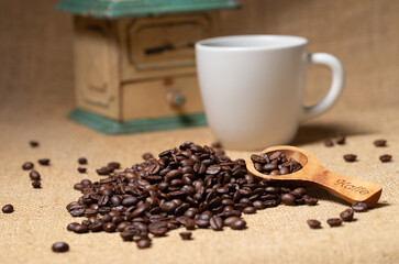 Coffee beans and cup