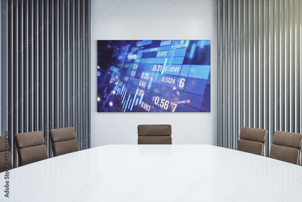 Poster abstract financial graph on tv display in a modern presentation room, financial and trading concept.