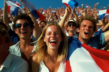 French flag-waving spectators at the stadium, supporting their team, championship match, crowd...