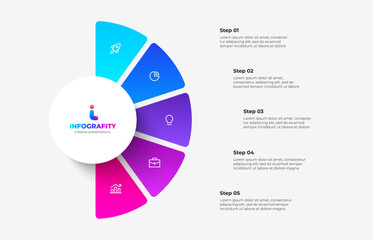 Semicircle pie chart divided into 5 parts. Concept of five step infographic