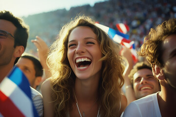Spectators with French flags, stadium atmosphere, cheering for the national team, sports event