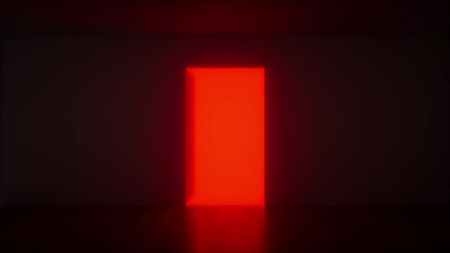 Door opens and red light shines into a dark room. Concept of passage to hell.