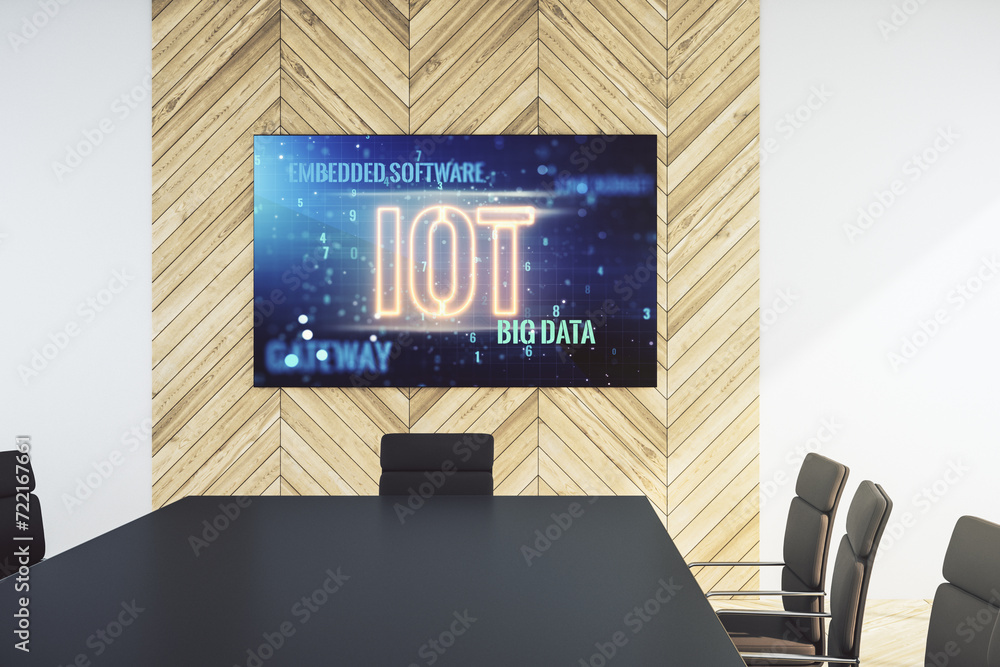 Poster Creative IOT illustration on tv display in a modern presentation room, future technology concept. 3D Rendering