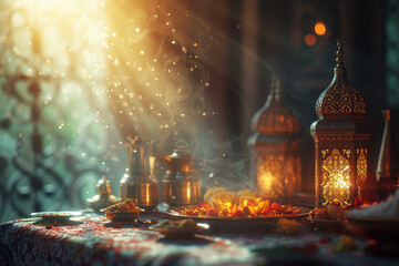 Ramadan lantern, glowing light, mosque silhouette
