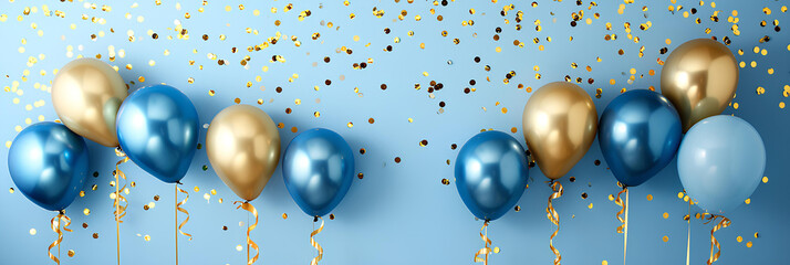 golden and blue metallic balloons, confetti and ribbons on pastel blue wall banner background