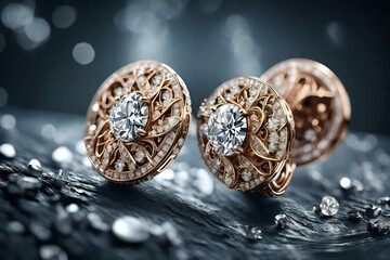 A captivating close-up of a pair of diamond earrings, the HD camera capturing the intricate details and brilliance of the gems in stunning