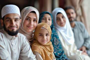 Muslim family, portrait of happy parents and kids, Ramadan celebration
