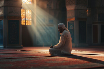 Muslim praying, man in prayer, trust in Allah, mosque environment