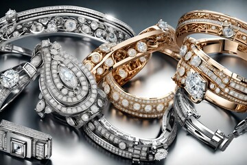 Obraz premium An artful composition showcasing a variety of diamond bracelets, the high-definition camera highlighting their unique designs and luxurious allure in vivid