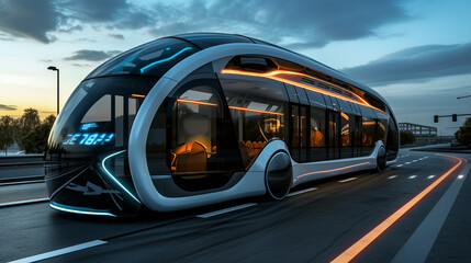 Futuristic electric bus in the shape of a sports car, letters on the side. Unusual shapes, Unusual designs, and Modern technologies. - obrazy, fototapety, plakaty