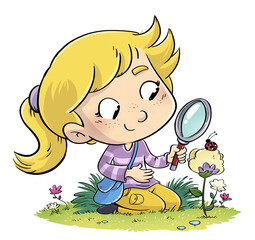 Illustration of a girl exploring with magnifying glass in nature - 722169282