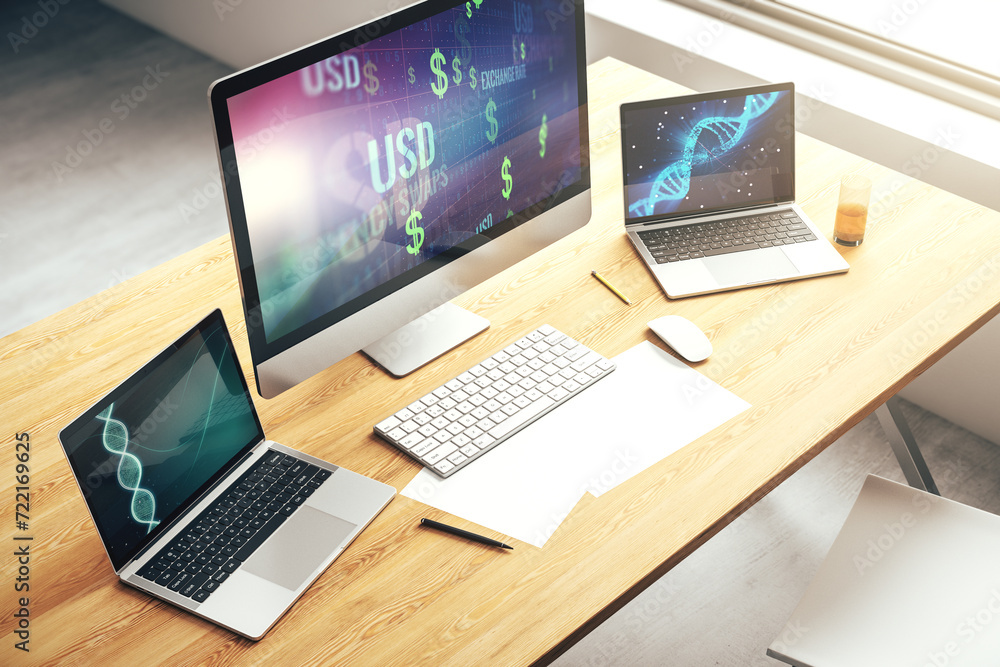 Poster modern computer monitor with creative usd symbols hologram. banking and investing concept. 3d render