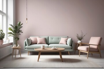 Fototapeta na wymiar Scandinavian style interior with sofa and coffe table. Empty wall mock up in minimalist interior with pastel color