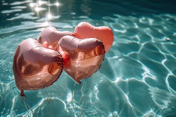 Overhead view of heart balloons floating in a pool, creating a romantic atmosphere