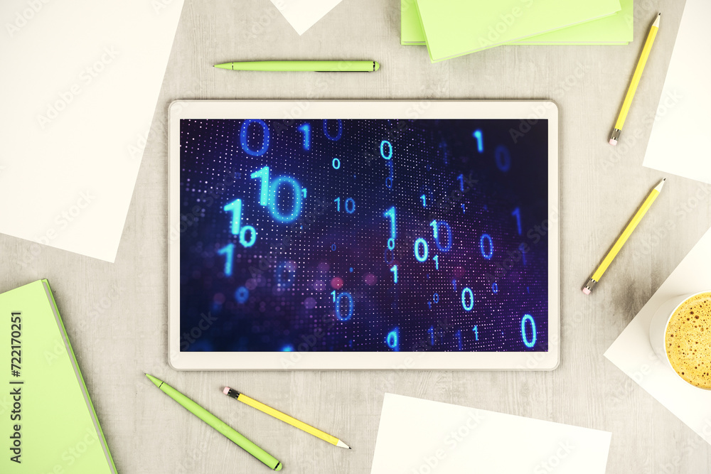 Aufkleber Creative abstract binary code sketch on modern digital tablet screen, hacking and matrix concept. Top view. 3D Rendering