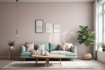 Fototapeta na wymiar Scandinavian style interior with sofa and coffe table. Empty wall mock up in minimalist interior with pastel color