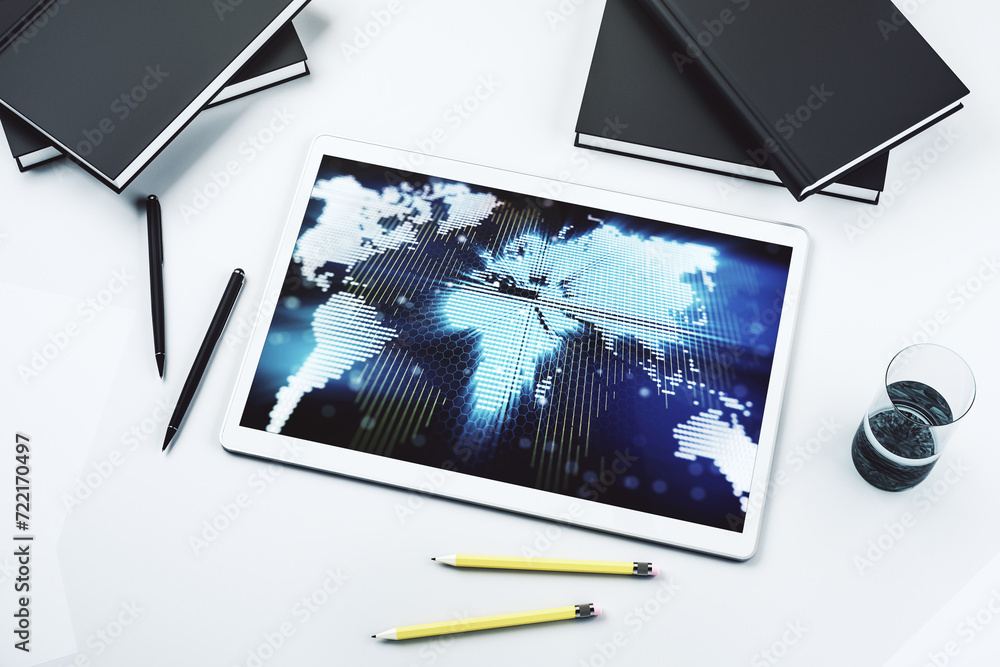 Aufkleber modern digital tablet display with abstract creative world map, research and analytics concept. top 