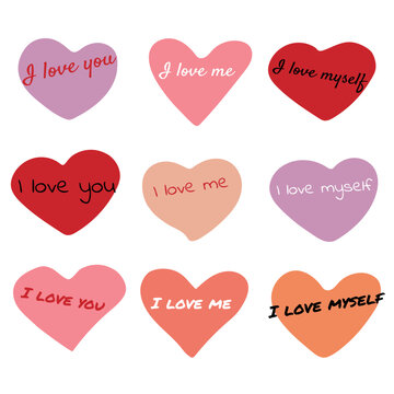 Fototapeta Set of stickers with hearts and inscriptions: I love you, I love me, I love myself 