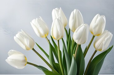 A bouquet of nine white tulips in the middle of the frame on a light gray background, backlit flowers, banner