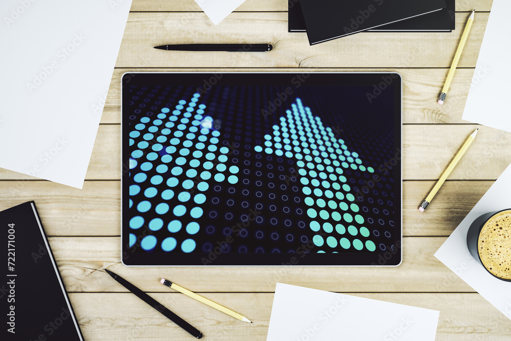 Poster top view of modern digital tablet monitor with creative abstract upward arrows hologram. ambition an