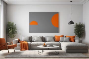 living room interior with grey and orange design