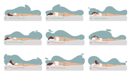 Correct and incorrect sleeping body posture. Healthy sleeping position spine in various mattresses and pillow. Caring for health of back, neck. Comparative illustration - obrazy, fototapety, plakaty