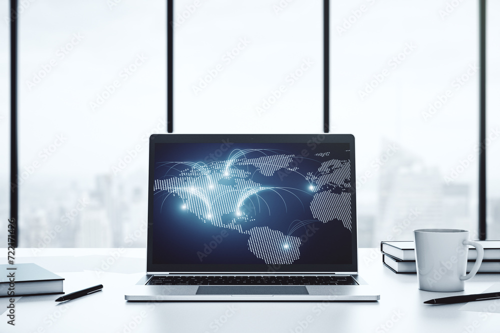 Leinwandbilder modern computer monitor with abstract digital world map with connections, research and strategy conc