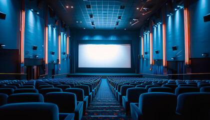 Naklejka premium Empty of cinema in blue color with white blank screen