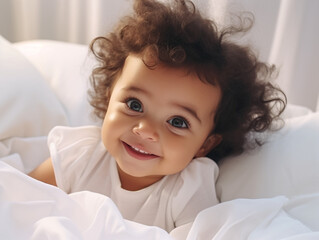 Adorable baby with curly hair - obrazy, fototapety, plakaty