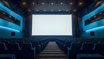 Empty of cinema in blue color with white blank screen