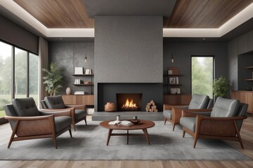 Naklejka na ściany i meble Brown leather chair and grey sofa in room with fireplace. Mid century style home interior design of modern living room
