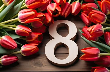 The number eight lies on a dark wooden surface in the middle, red tulips on top, right and left, banner, top view