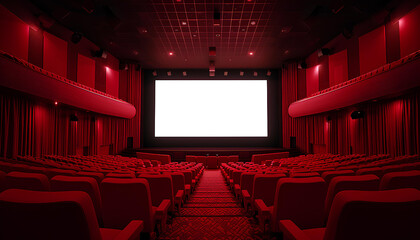 Fototapeta premium Empty of cinema in red color with white blank screen