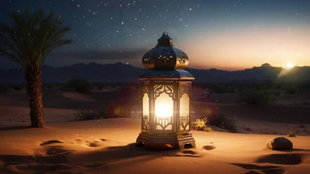 Ramadan lamp, with twinkling light, with a desert background at night, to welcome the holy month of Ramadan