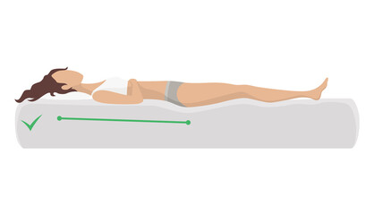 Correct sleeping body posture. Healthy sleeping position spine on orthopedic mattress and pillow. Caring for health of back, neck. illustration