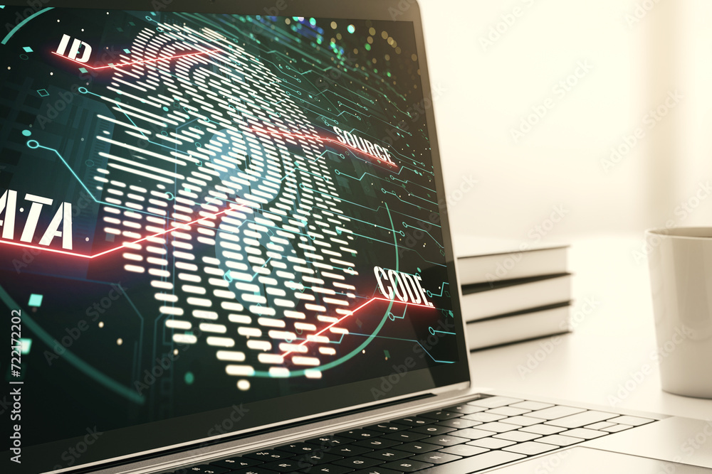 Leinwandbilder modern computer screen with creative fingerprint hologram, personal biometric data concept. 3d rende