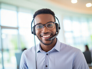 A confident African American male customer service representative smiling at the camera, in a customer service center or support center setting