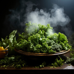 Dramatic Kale Artistry: Fresh Organic Greens in Mystic Steam – Perfect for Vegan Culinary Delights | Ai Generated