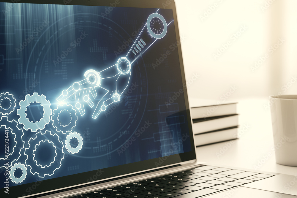 Aufkleber Creative abstract robotics technology hologram on modern computer monitor, artificial intelligence and machine learning concept. 3D Rendering