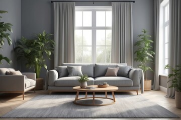 interior design of gray walled living room with comfortable sofa center table carpet curtains potted plants while window sunlight illuminating