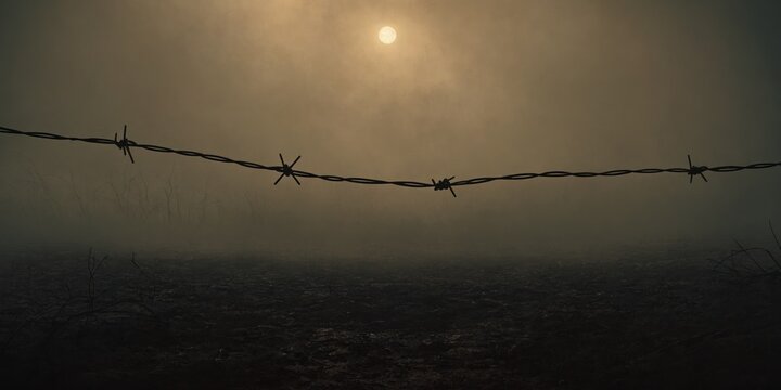 Foggy landscape with barbed wire fence in the foreground. Depressing grunge dusty texture background