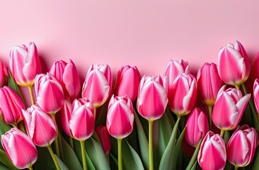 A large number of pink tulips with a white border on the bottom edge, a light background, a banner with a place for the inscription