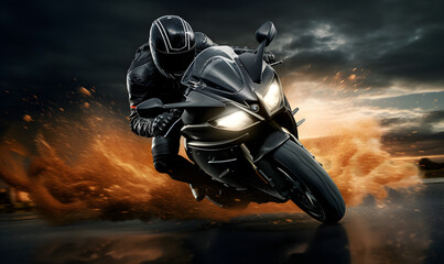A motorcycle rider riding a motorcycle speeding down the road - obrazy, fototapety, plakaty