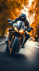 A motorcycle rider riding a motorcycle speeding down the road, vertical image