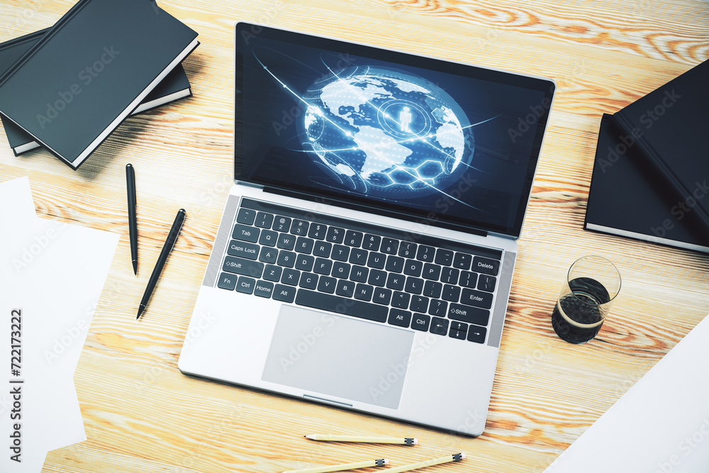 Aufkleber Social network concept with world map on modern laptop screen. 3D Rendering